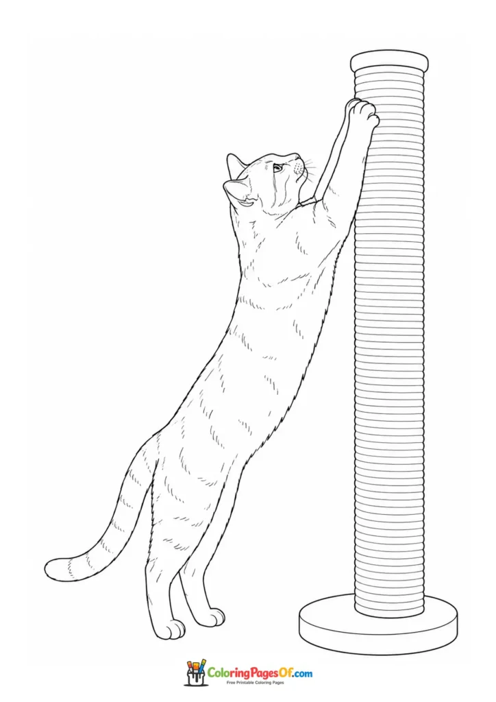 Cat using a scratching post – printable black and white coloring page