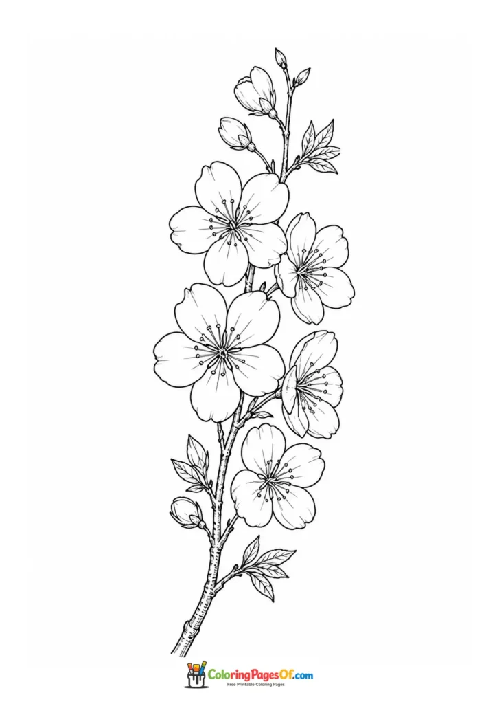 Cherry blossom branch with several open flowers and buds coloring page