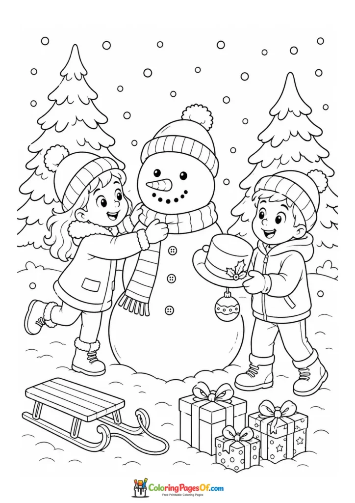Weihnachten Ausmalbild: Kinder schmücken einen Schneemann