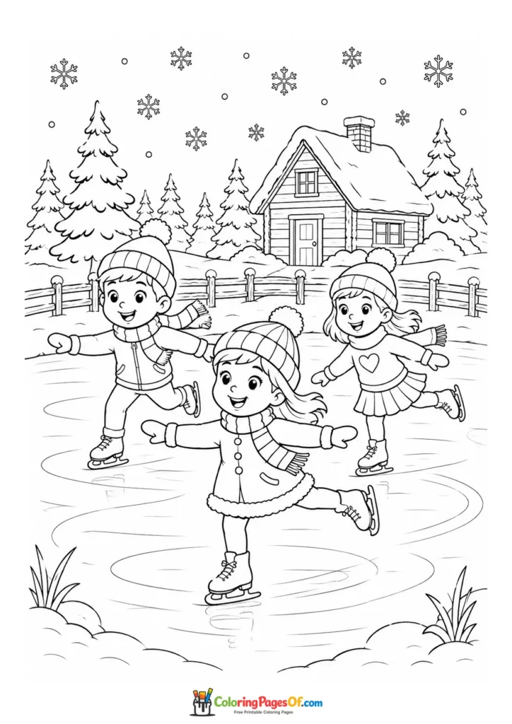 Weihnachten Ausmalbild: Kinder beim Schlittschuhlaufen zu Weihnachten