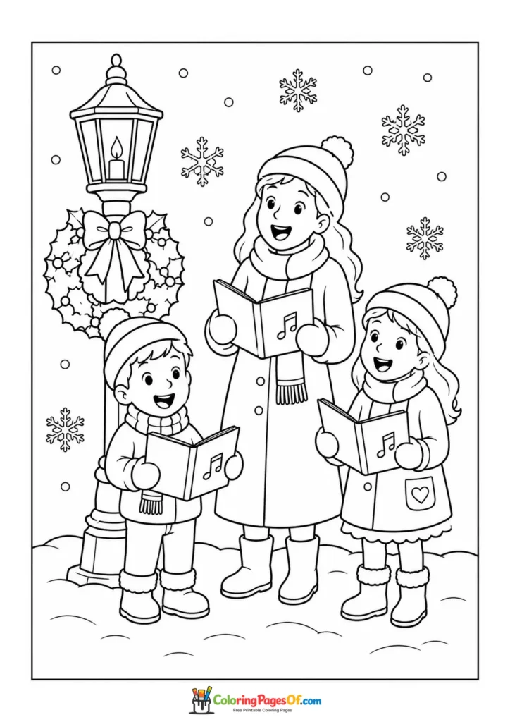 Weihnachten Ausmalbild: Weihnachtssänger an einer Straßenlaterne