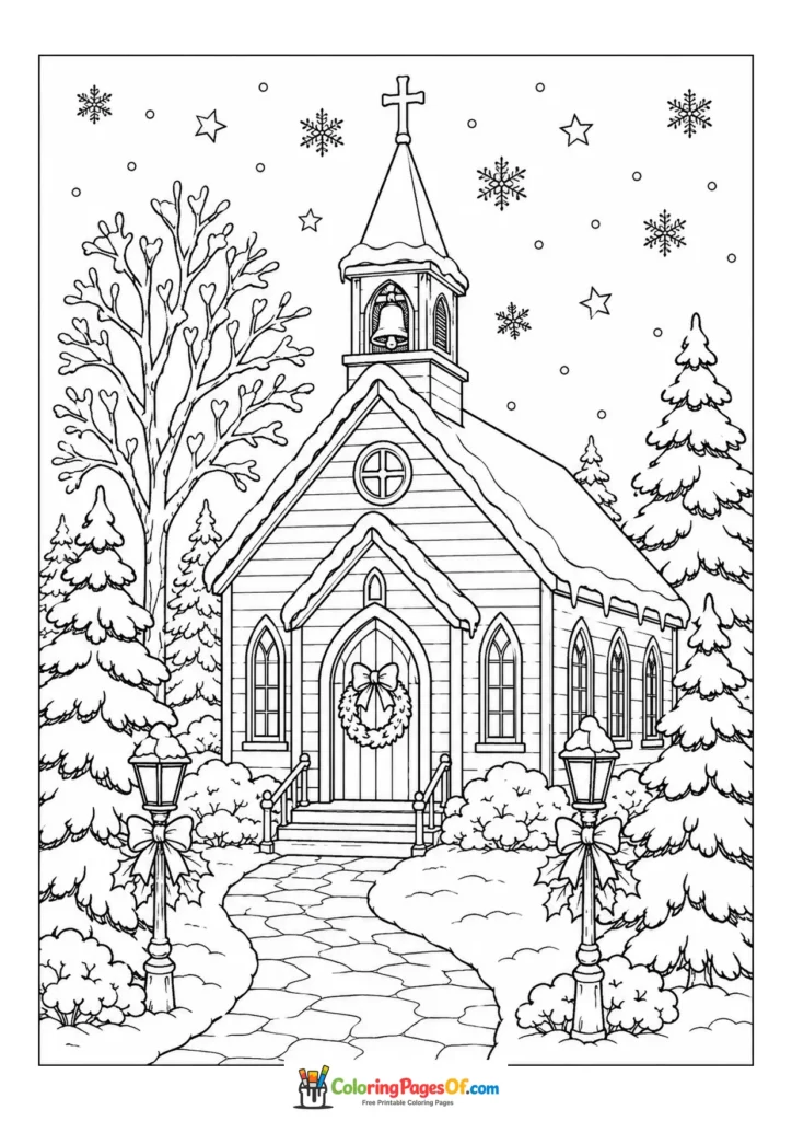 Weihnachten Ausmalbild: Weihnachtskirche im Schnee