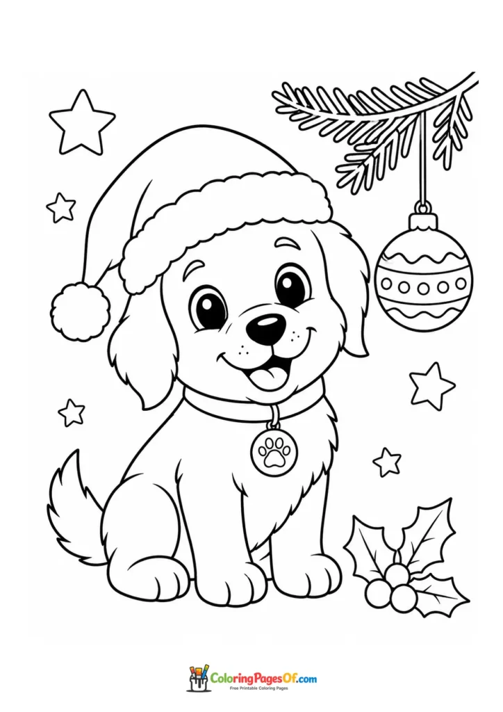Christmas dog wearing a Santa hat coloring page