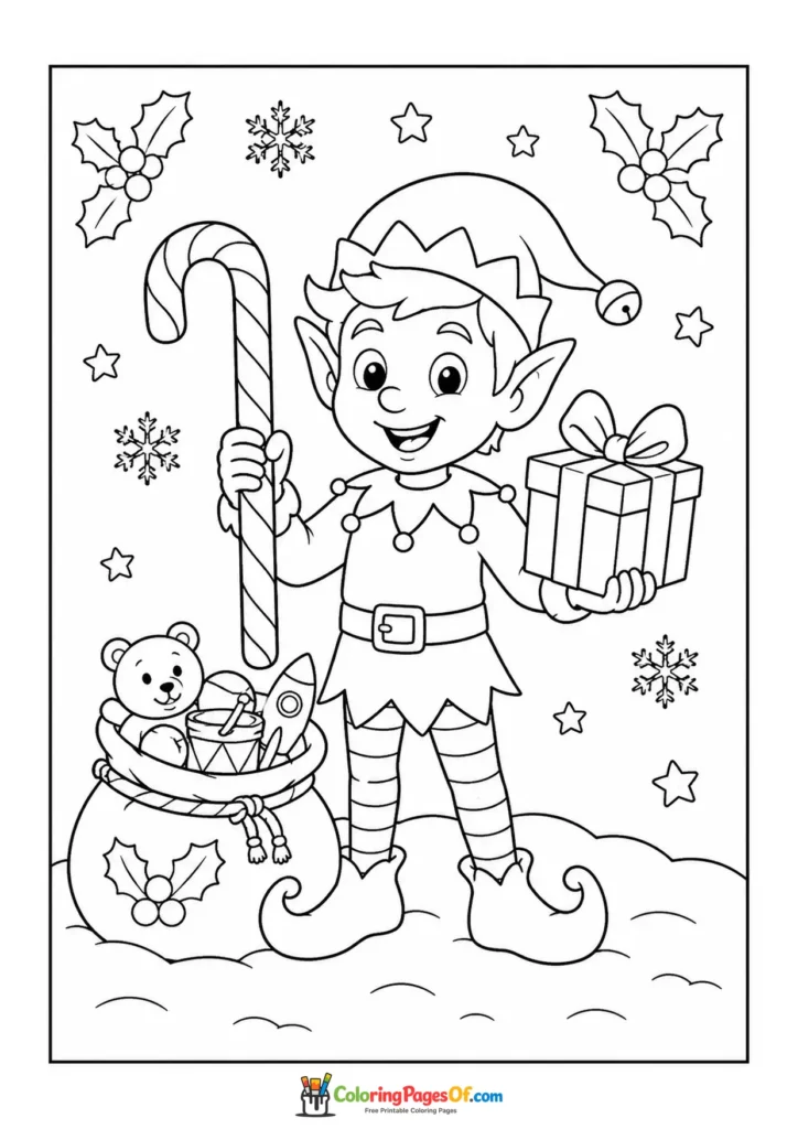 Weihnachten Ausmalbild: Weihnachtself mit Zuckerstange und Geschenk