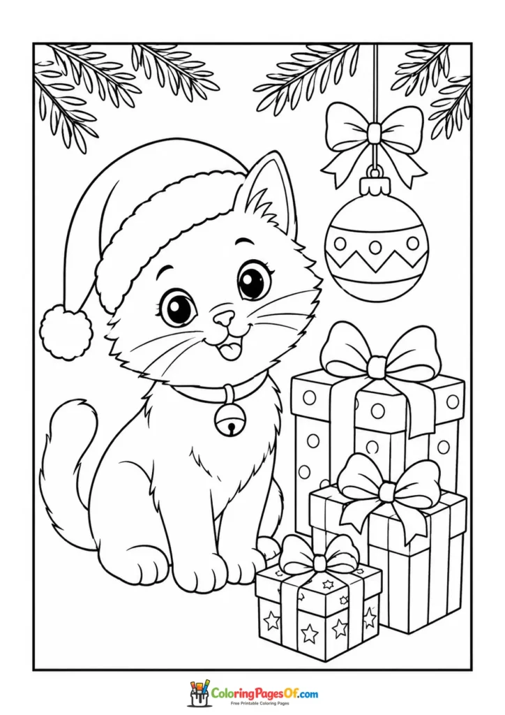Weihnachten Ausmalbild: Weihnachtskätzchen mit Geschenken