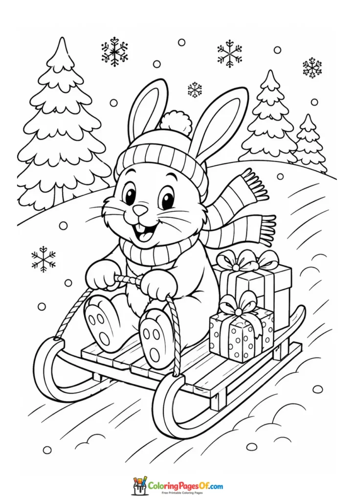 Weihnachten Ausmalbild: Weihnachtshase auf einem Schlitten
