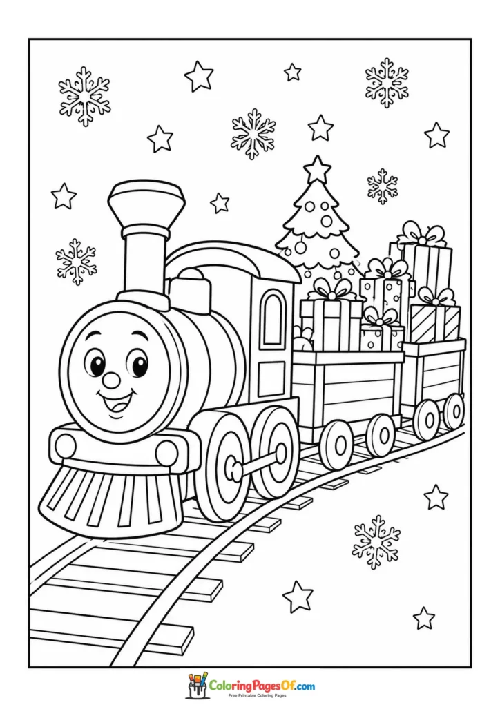 Weihnachten Ausmalbild: Weihnachtlicher Spielzeugzug mit Geschenken