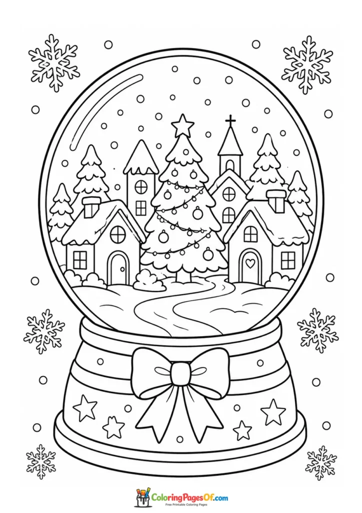 Weihnachten Ausmalbild: Weihnachtsdorf in einer Schneekugel