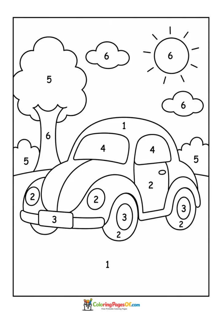 Printable classic car in nature color by number coloring picture