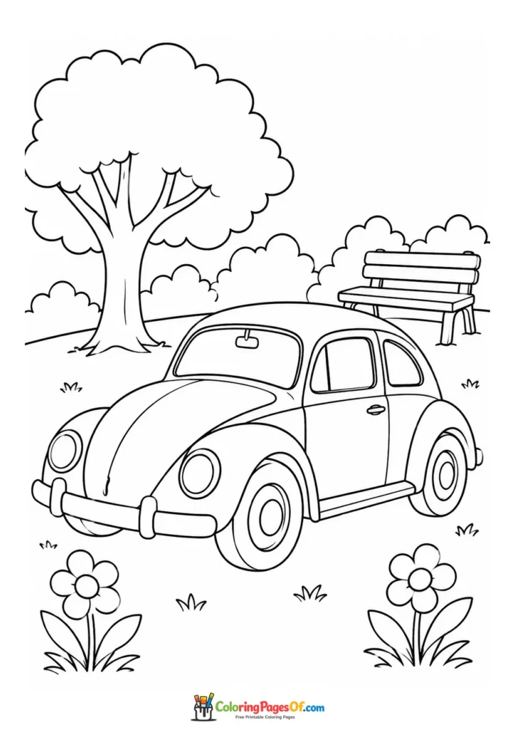 Classic compact car in a park coloring page