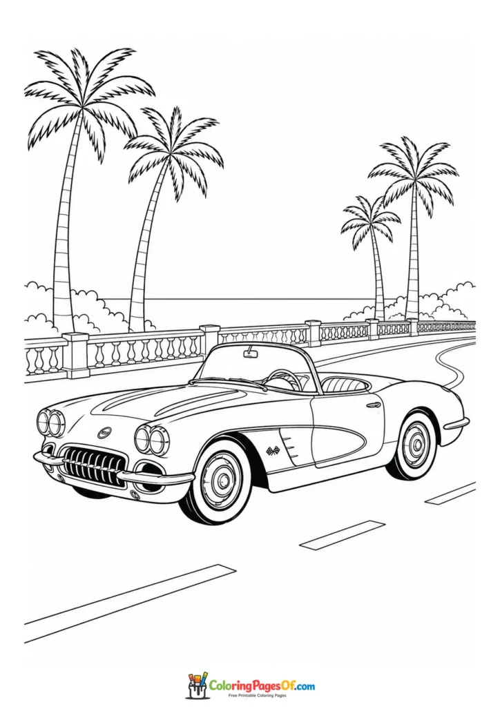 Classic convertible on a palm-lined boulevard printable coloring sheet