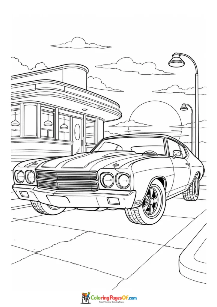 Printable classic muscle car by a diner coloring picture