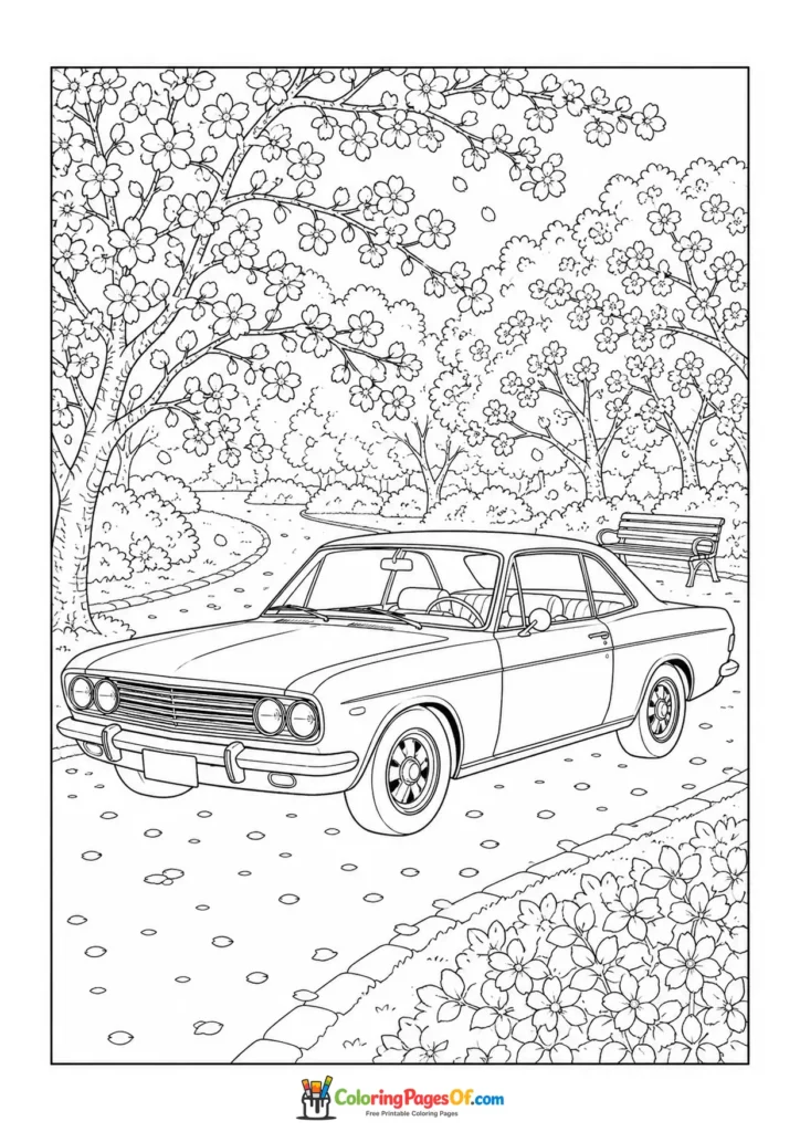 Classic muscle car on an autumn orchard road printable coloring sheet