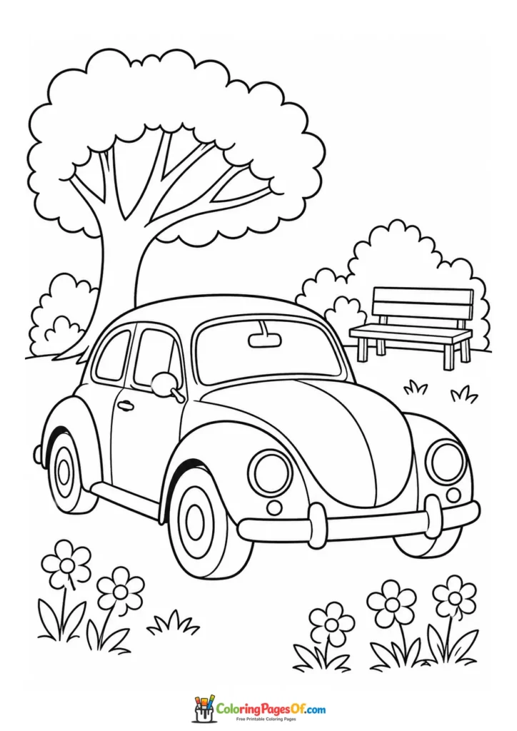 Printable classic rounded car in a flower park coloring picture
