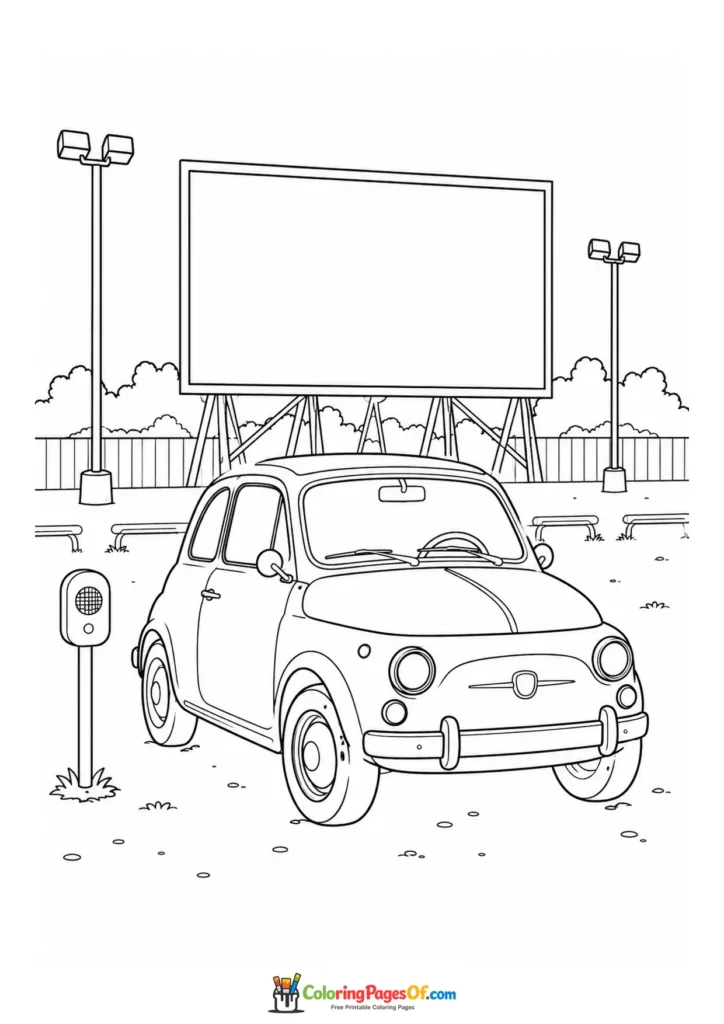 Printable classic small car at a drive-in movie coloring picture
