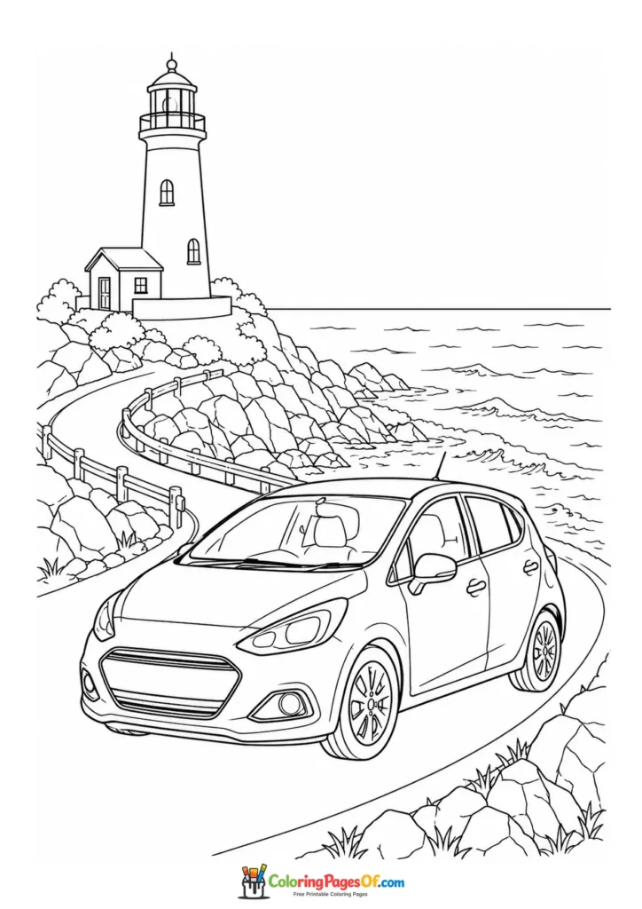Black and white compact car on a lighthouse coastal road coloring page