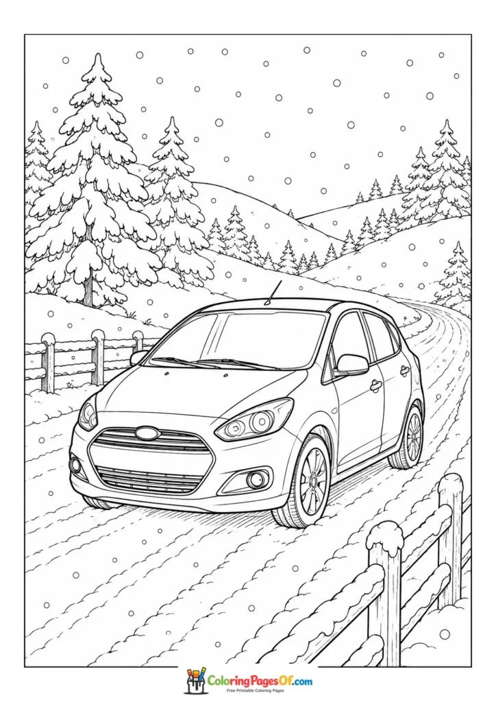 Black and white compact car on a snowy road coloring page