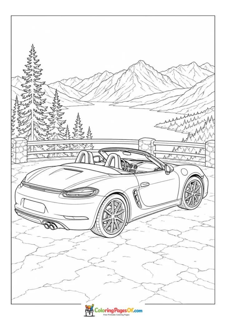 Black and white convertible at a mountain viewpoint coloring page