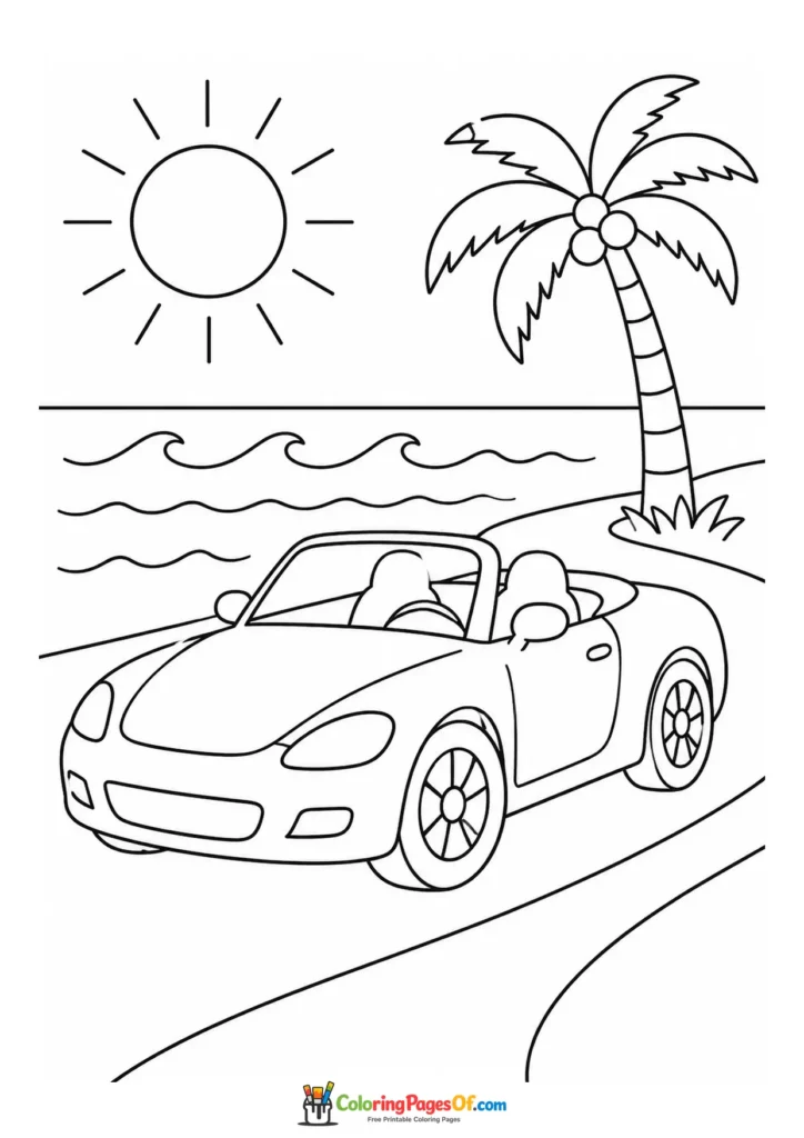 Convertible by a tropical beach coloring page