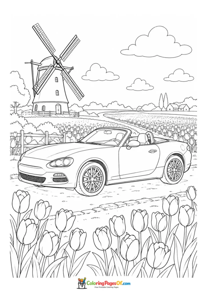 Convertible by a windmill and tulip field coloring page