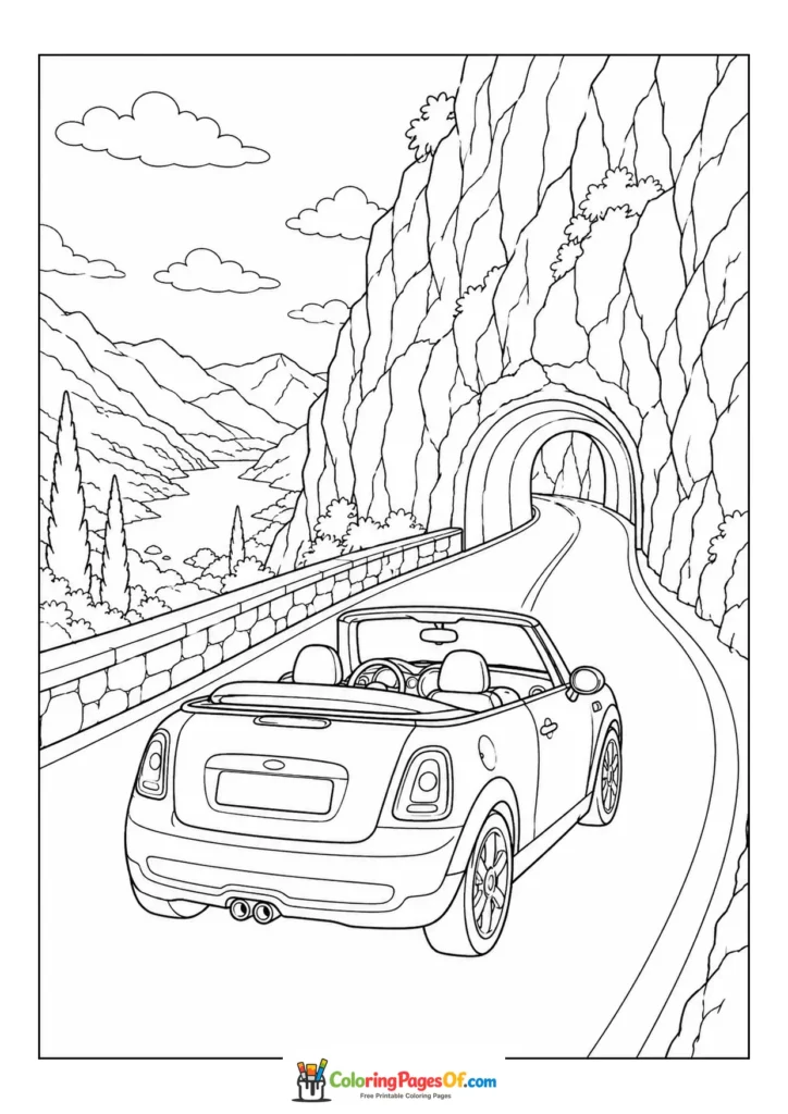 Convertible entering a mountain tunnel printable coloring sheet