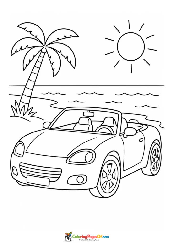 Printable convertible on a sunny beach road coloring picture