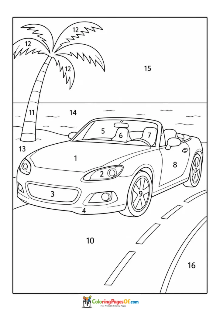 Convertible on Coastal Road color by number coloring page