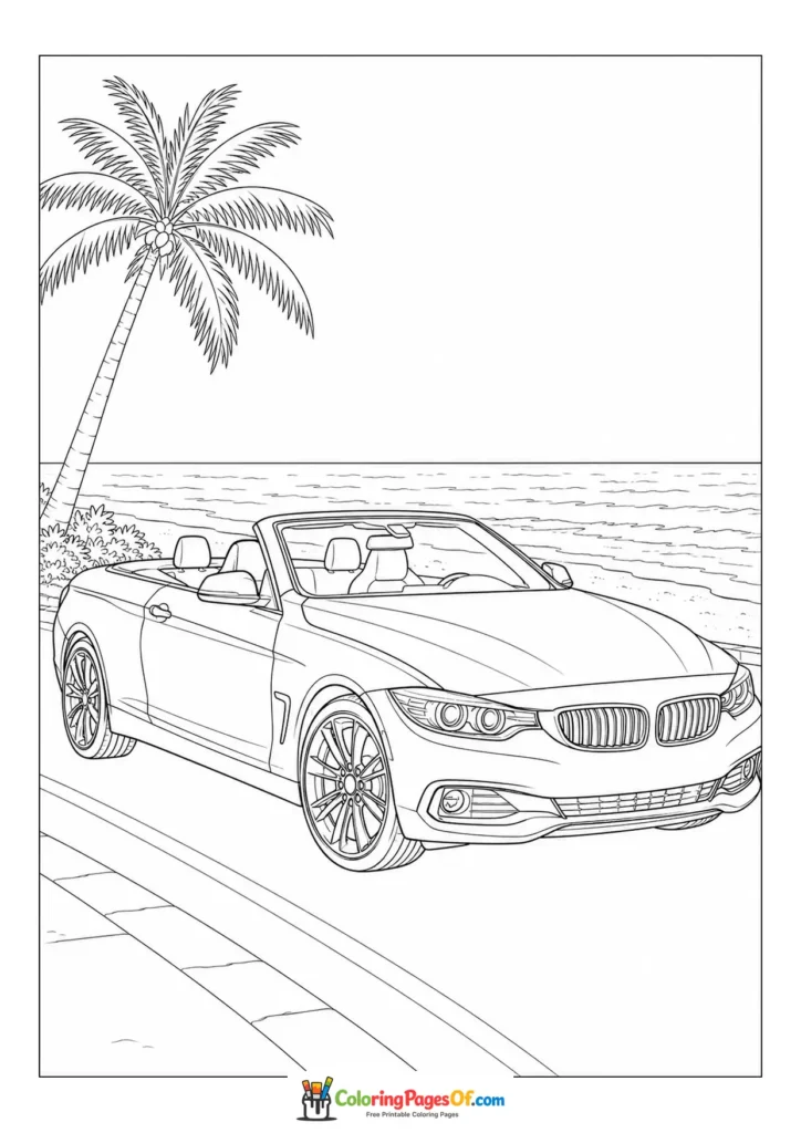 Convertible parked by palm trees and the sea coloring page
