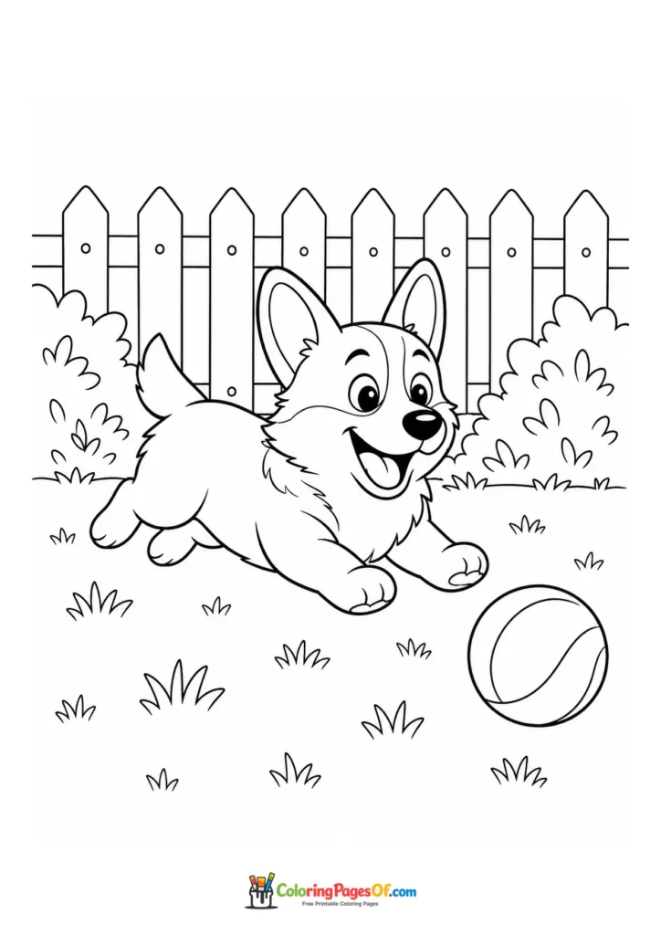 Corgi running after a ball coloring page