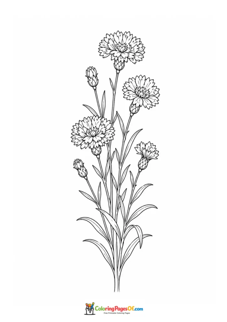 Tall flowering stems with several detailed cornflower-style blooms and buds coloring page