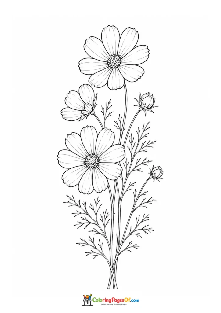 Several cosmos flowers and buds on delicate feathery stems coloring page