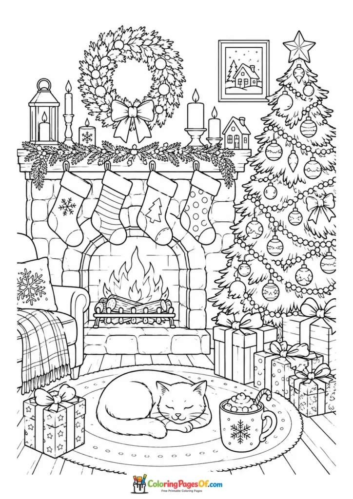 Weihnachten Ausmalbild: Gemütlicher Weihnachtskamin mit schlafender Katze