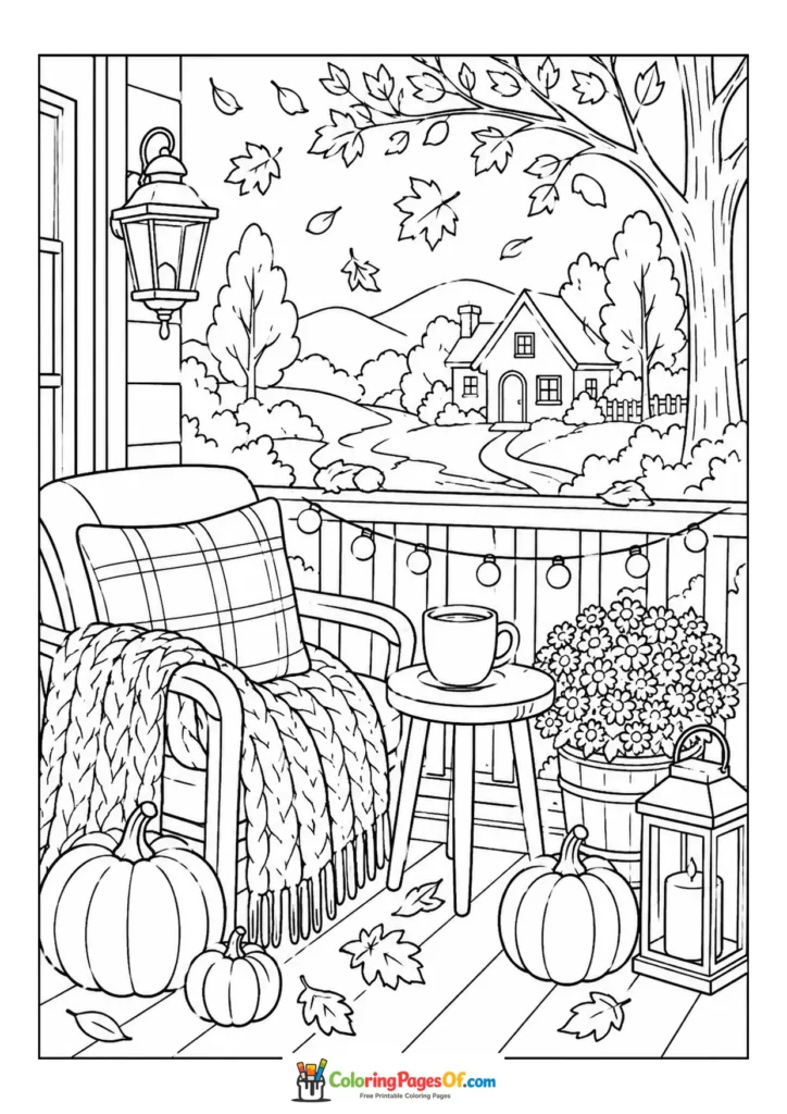 Fall coloring page featuring cozy autumn porch with a hot drink