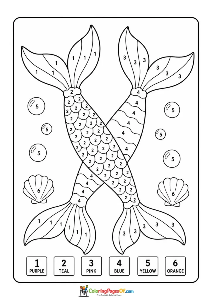 Crossed Mermaid Tails with Shells – Color by Number coloring page