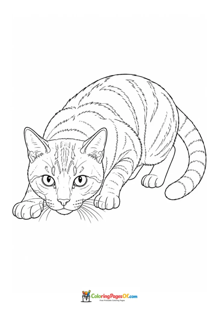 Crouching tabby cat – printable black and white coloring page