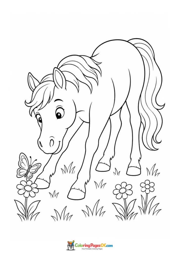 Curious horse and butterfly coloring page