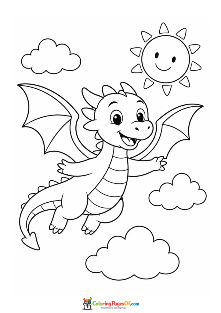 Cute Baby Dragon Flying with the Sun and Clouds coloring page