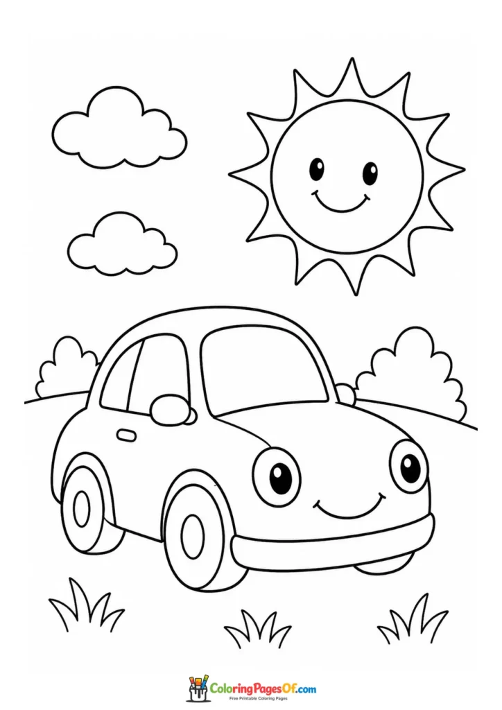 Cute car beside a smiling sun printable coloring sheet