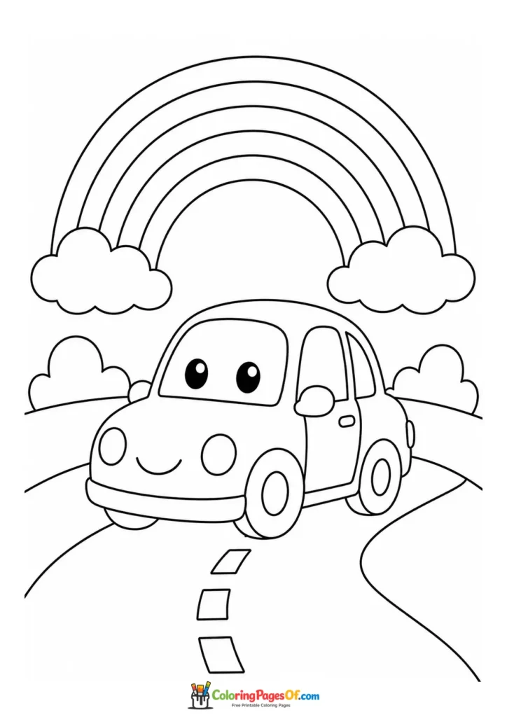 Black and white cute car driving under a rainbow coloring page