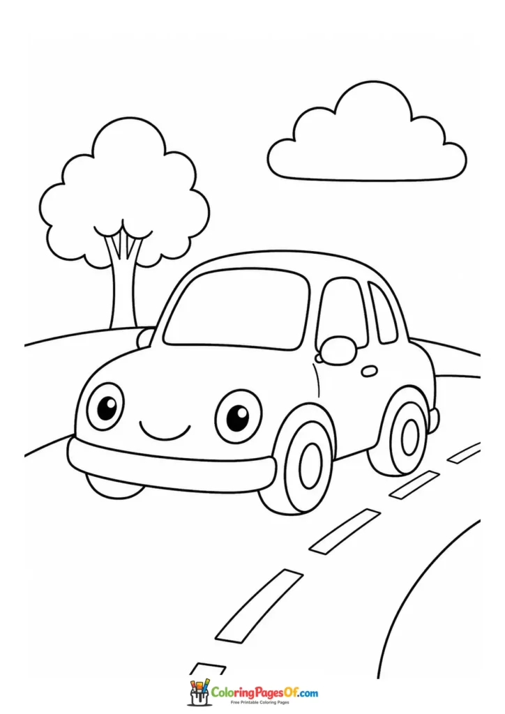 Black and white cute car on a simple winding road coloring page