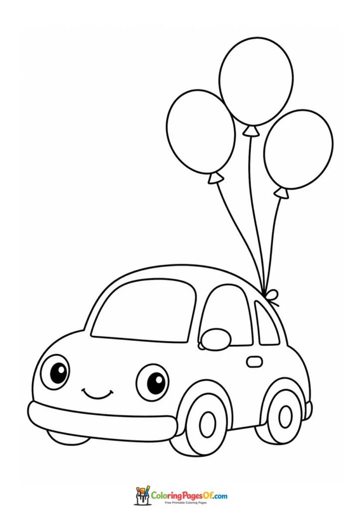 Printable cute car with balloons coloring picture