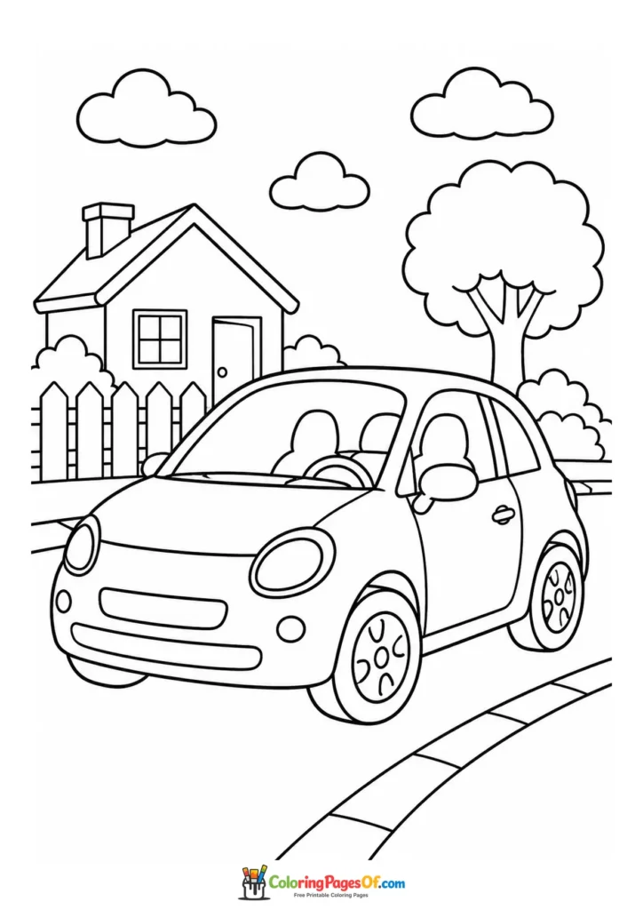 Cute compact car by a suburban home coloring page