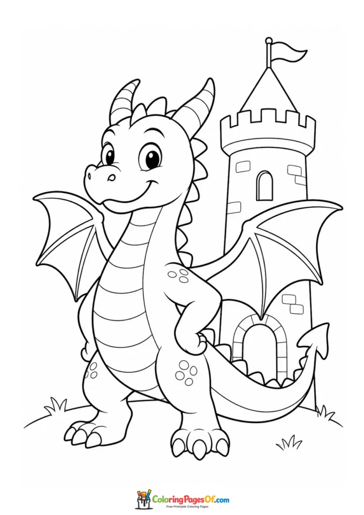 Cute Dragon by a Castle Tower coloring page