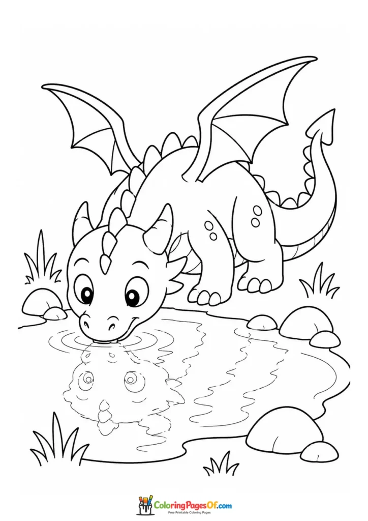Cute Dragon Drinking from a Pond coloring page