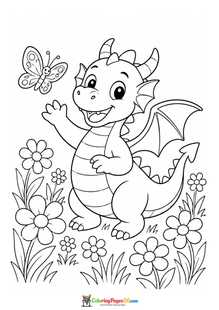 Cute Dragon in a Flower Garden with a Butterfly coloring page
