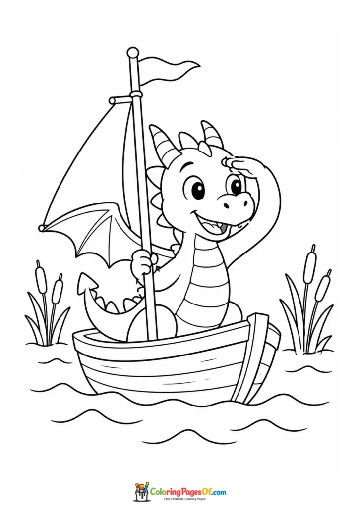 Cute Dragon Sailing in a Little Boat coloring page