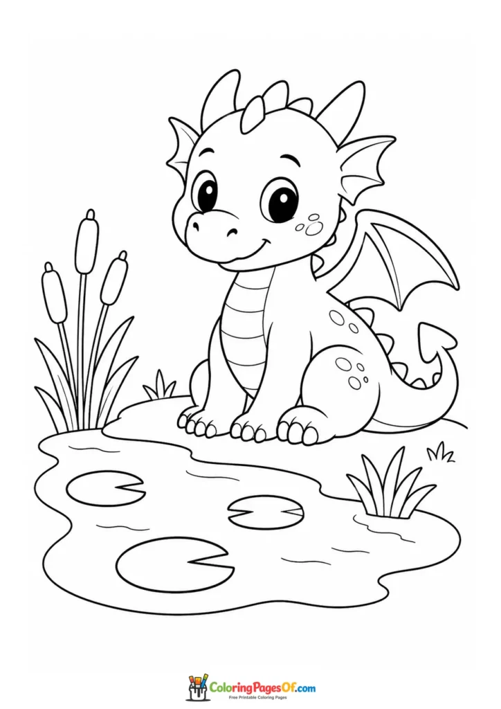 Cute Dragon Sitting by a Lily Pond coloring page