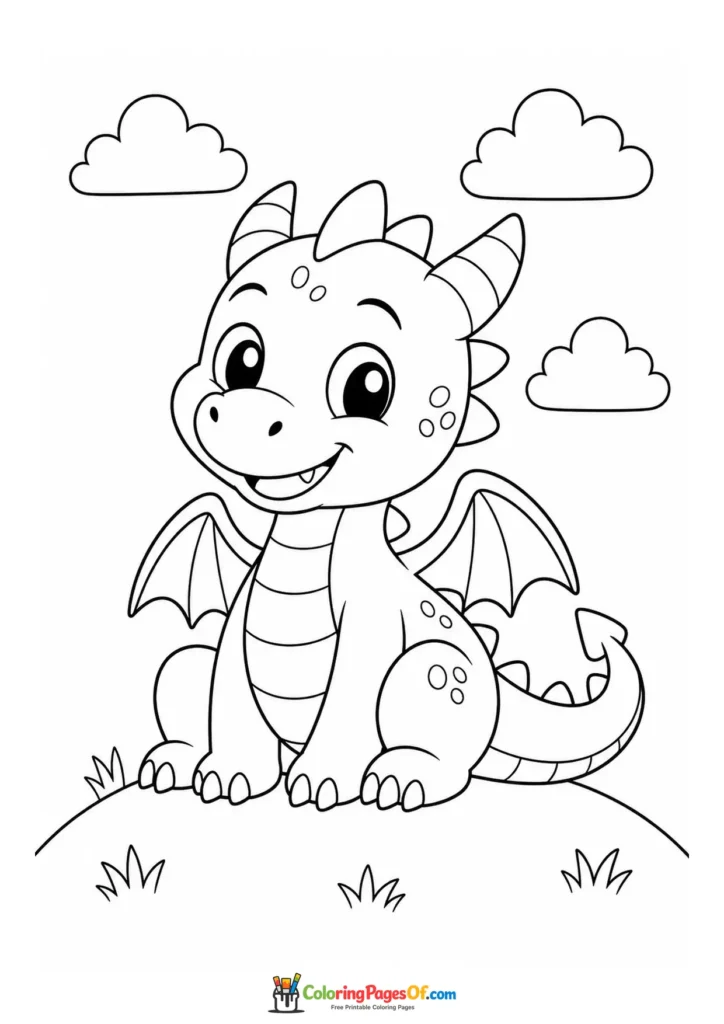 Cute Dragon Sitting Under the Clouds coloring page