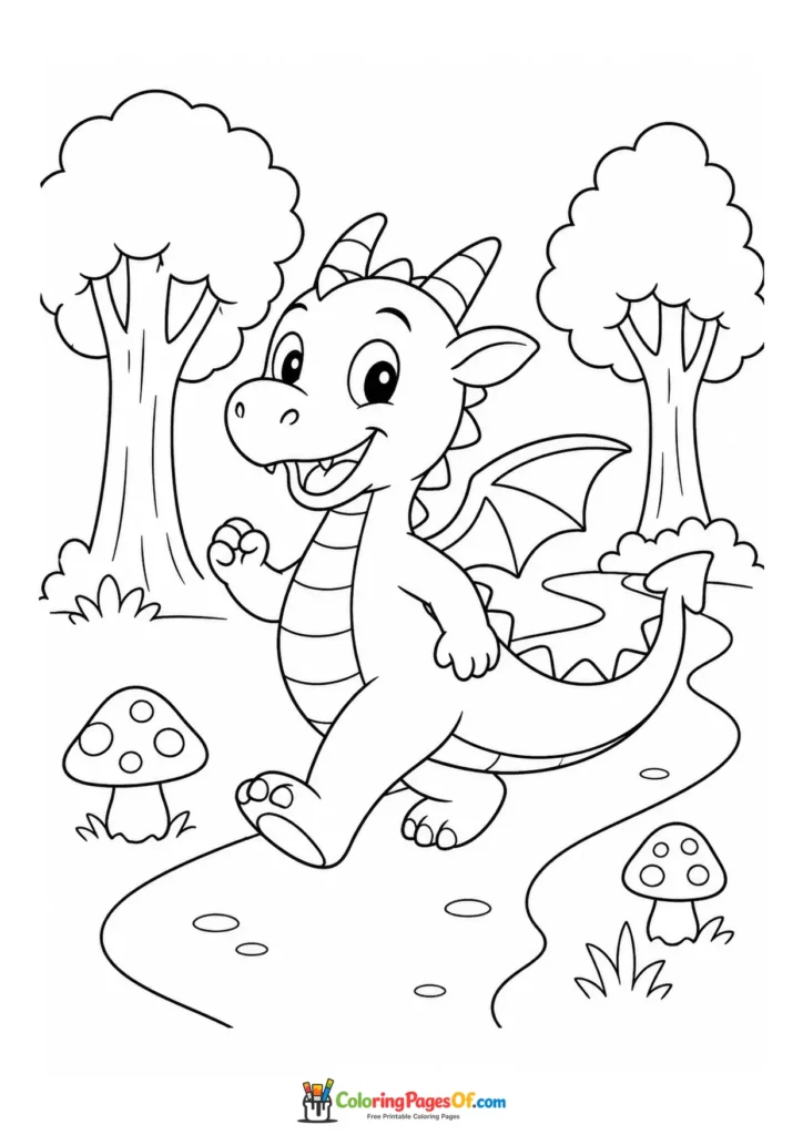 Cute Dragon Walking Through a Mushroom Forest coloring page