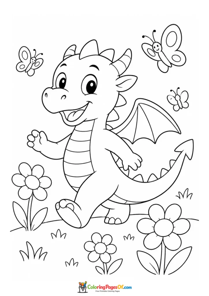Cute Dragon Walking with Butterflies and Flowers coloring page